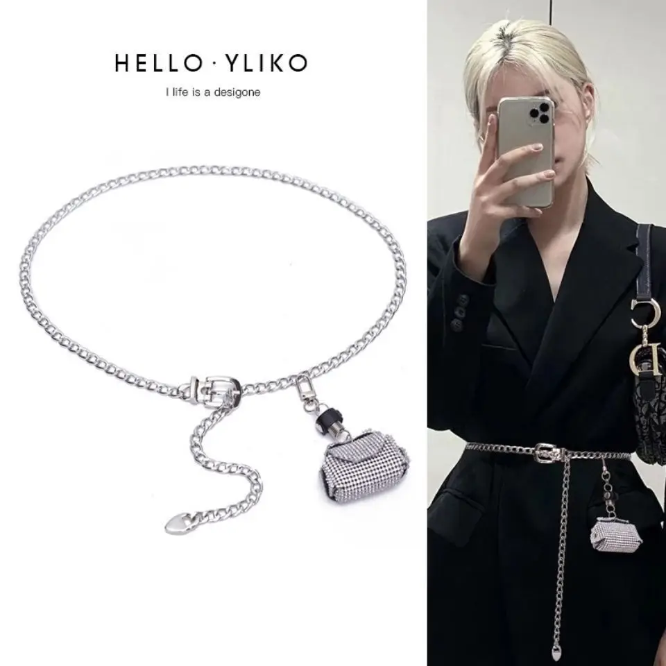 حقيبة حزام خصر بسلسلة من حجر الراين للسيدات العصرية، حقيبة خصر صغيرة من حجر الراين، حزام على شكل سلسلة، سراويل تنورة بدلة متطابقة مزخرفة #3