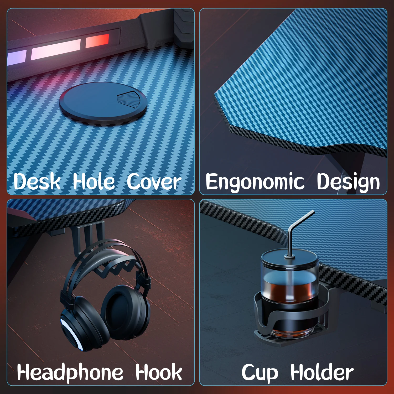 Y‑Shaped Gaming Desk with RGB LED Lights, Ergonomic Carbon‑Fiber Surface PC Workstation Table with Headphone Hook & Cup Holder