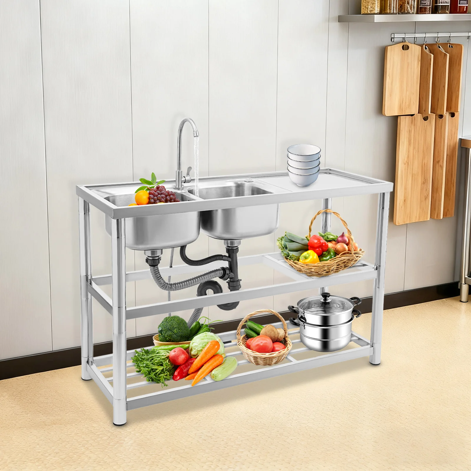 

Sink Kitchen Stainless Steel 120cm Double Bowl Left Drain 201 Steel Heavy Duty 220lbs Load Anti Odor Pipe Thickened Commercial