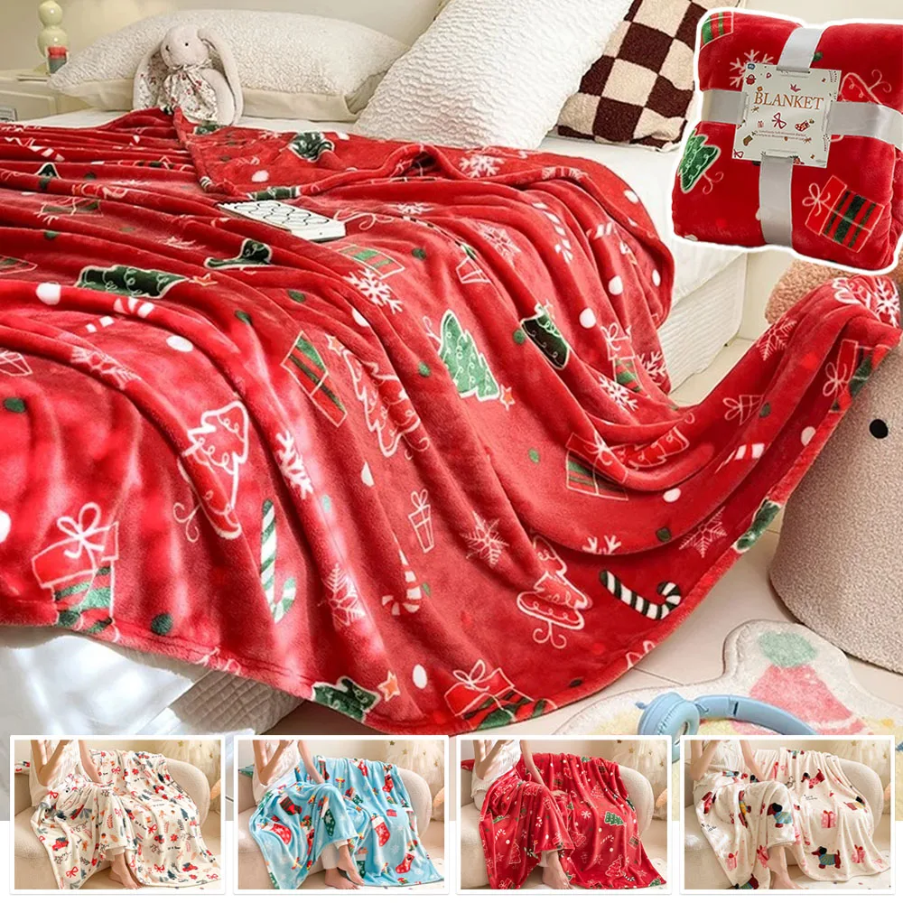 

Winter Warm Christmas Tree Printed Blanket Machine Washable Soft Bed Blankets Fluffy Solid Color Office Multifunction Bedspread