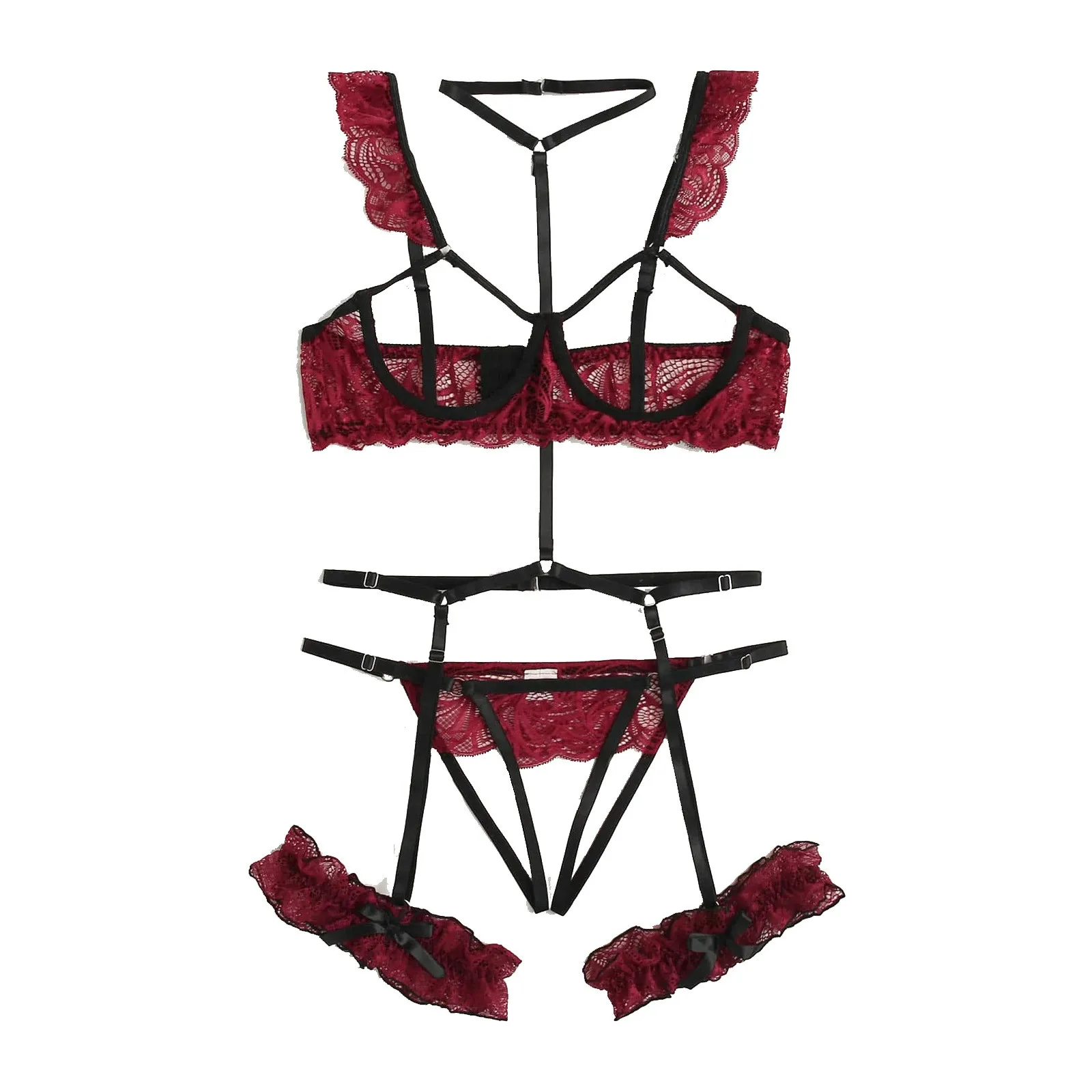 

Sexy Lace Crotch Lingerie Set Halter Choker Hollow Bra Underwear Bandage Sleepwear Steel Ring Pajamas Garter Lingeries Sets Sexy