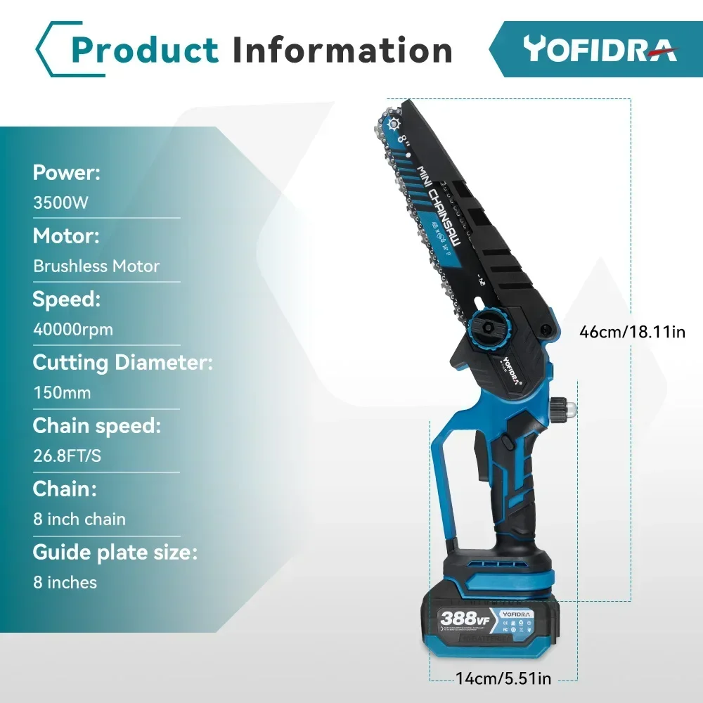 YOFIDRA Brushless 8inch Electric Chainsaw Cordless Rechargeable Pruning Saw Woodworking Garden Power Tool For Makita 18V Battery