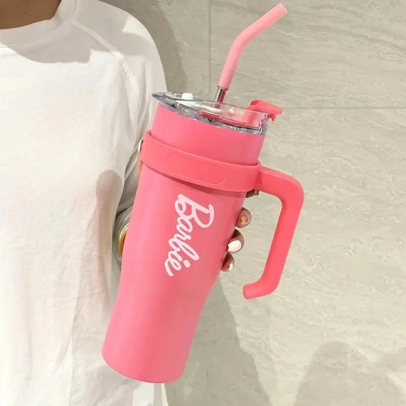 Barbie 1200Ml Water Cups Straw Kawaii High-Capacity Portable Heat Preservation Trendy Movie Car Cute Girls Gift Lovely Pink