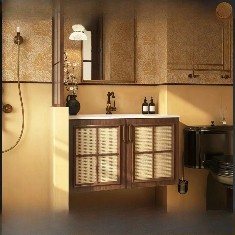 

Medieval solid wood paint rattan bathroom cabinet combination walnut bathroom Corian integrated washbasin