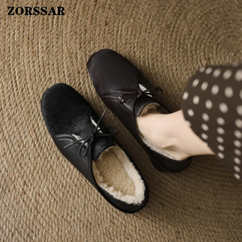 Winter Flat Shoes Woman 2025 New Plush Lining Warm Women Snow Shoes Leather Horsehair Comfortable Casual Female Winter Loafers