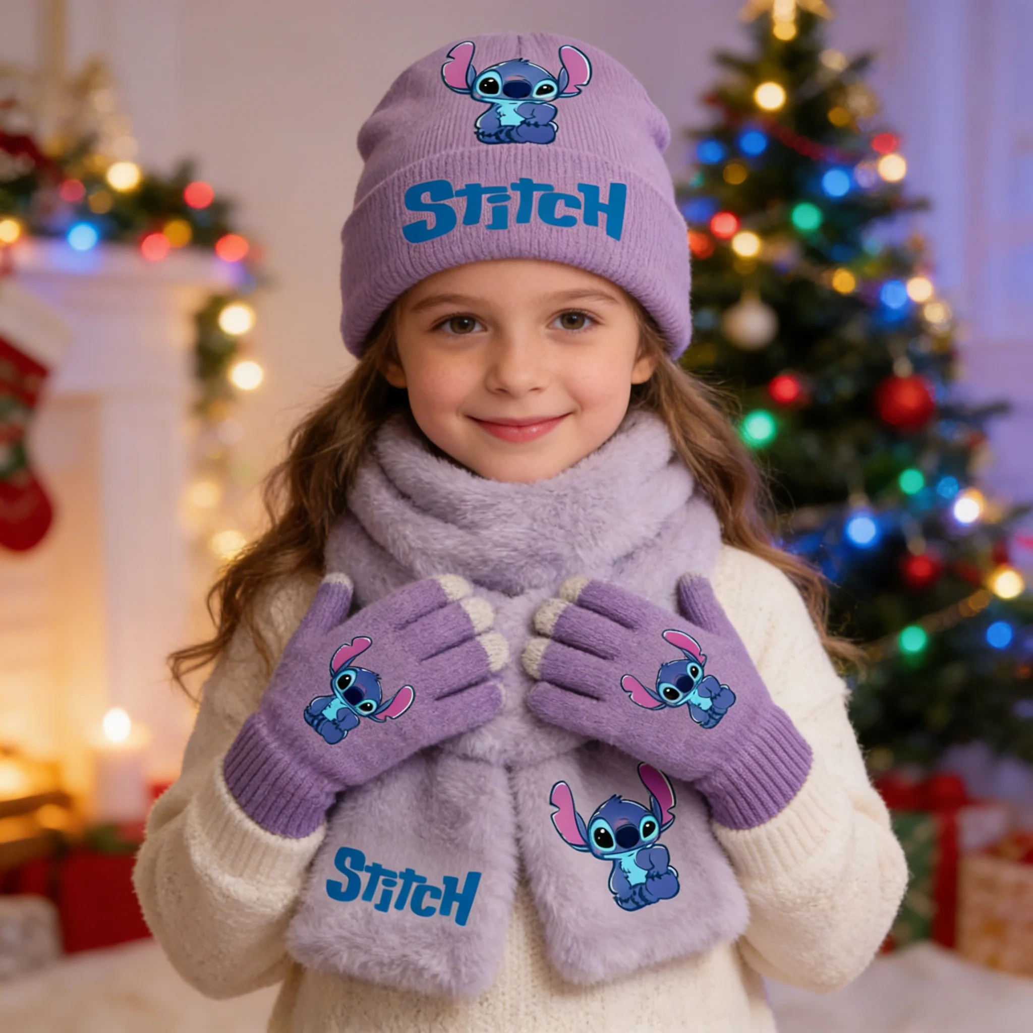 3 個ディズニーステッチファッションカジュアルアクセサリー冬暖かいかわいいニット帽子スカーフグローブセット女の子子供用完璧なクリスマスギフト