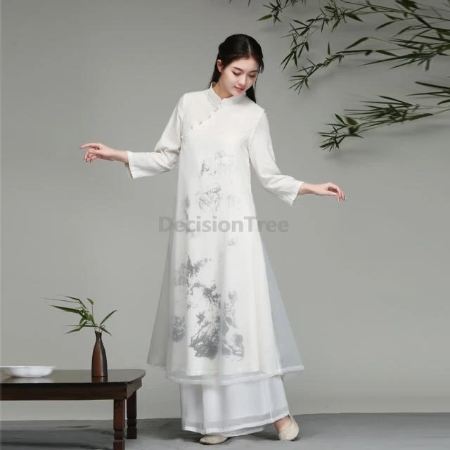

2025 retro zen tea clothing ethnic style retro ink printed elegant literature art improved qipao fashionable fairy vietnam aodai