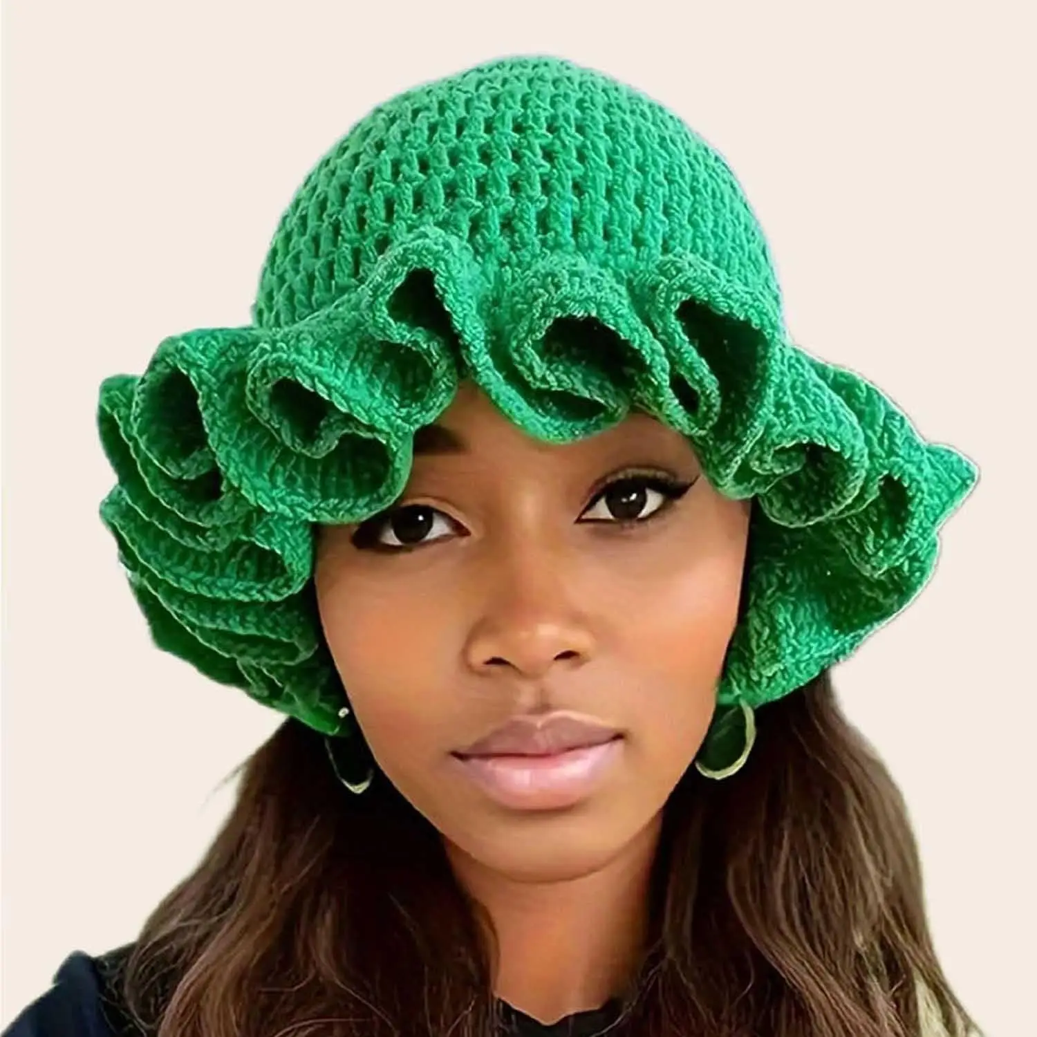 Solid Color Hand Knitted Knit Hat in Bohemian Style with Hollowed Out and Ruffled Design Bucket Shaped Hat  Fisherman's Hat