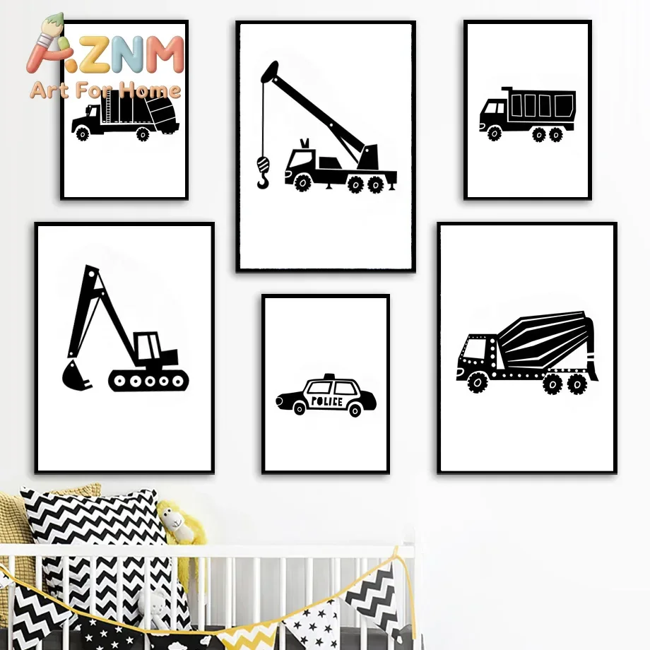 AZNM Black White Construction Vehicle Canvas Wall Art Excavator Crane Police Car Truck Print Poster Kids Nursery Room Decor