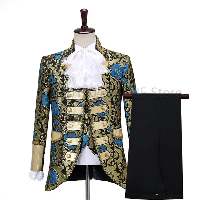 

Deluxe Victorian King Prince Costume For Adult Men Top Vest Jacket Coat Blazer Suit Stage Theater Cosplay Outfit Pants Jabot Tie
