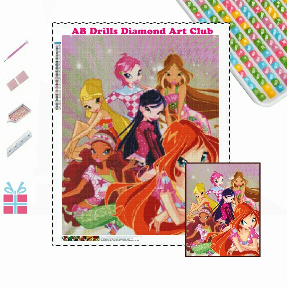 Winx Club Anime 5D AB Diamond Painting Mosaic Embroidery Cartoon Cross Stitch Handmade Craft Rhinestones Home Decor Kids Gift