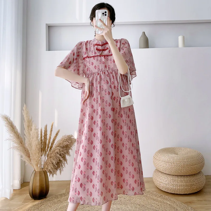 

Chinese Style Maternity Dress 2022 Summer Maternity Dress Improved Cheongsam Dress Long Chiffon Print All-match Fashion Skirt