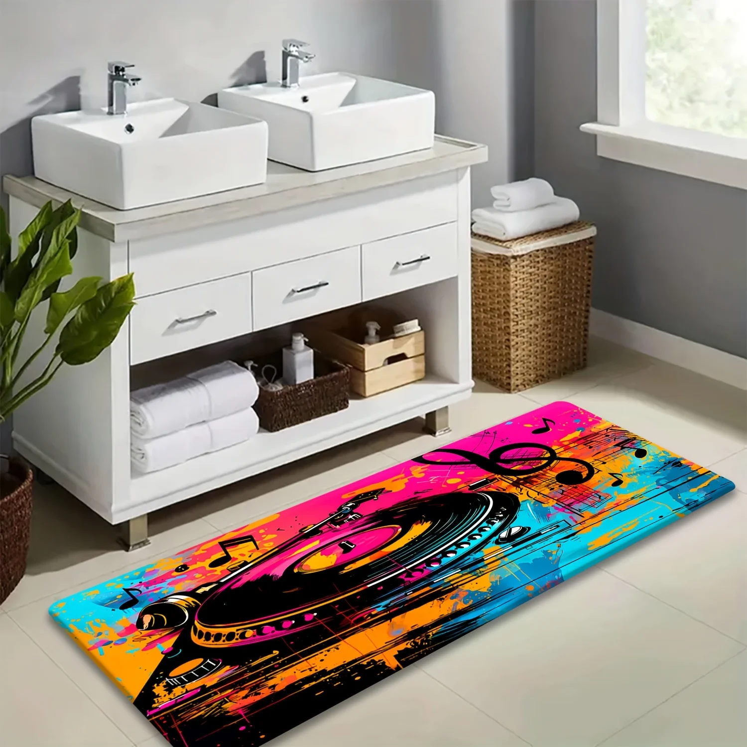 1pc Soft 100% Polyester Material, Printed Vintage Vinyl Record and Music Note Pattern Long Runner Rug, Indoor Non-Slip Carpet,