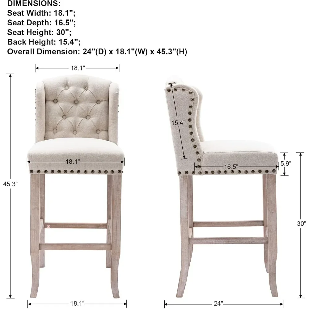 30-Zoll-Barhocker, 4er-Set, mit Leinen gepolsterte Thekenstühle mit Rückenlehne und Beinen aus massivem Holz, Kücheninselstühle