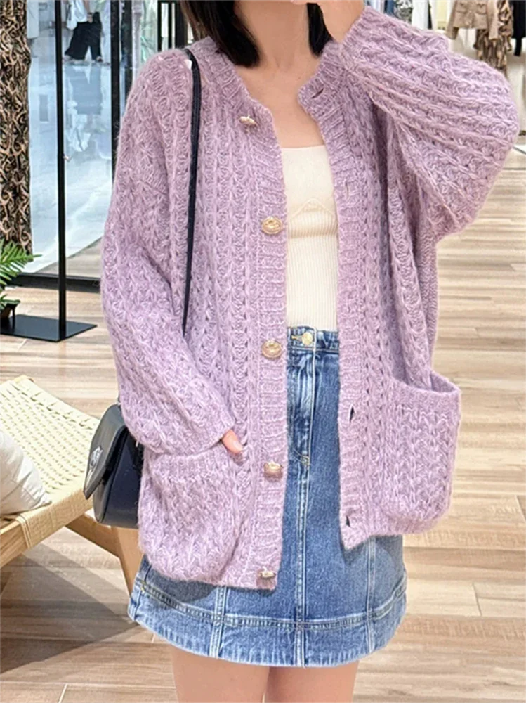 【Darmowy Prezent】 Sweter damski na jesień i zimę 2025, jasnofioletowy, ażurowy, z okrągłym dekoltem, dzianinowy kardigan