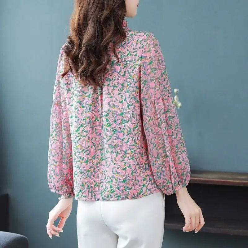 Summer New Pullovers Women\'s Printed V-Neck Button Ruffles Spliced Long Sleeve Fashion Chic Commuter Versatile Chiffon Shirt Top