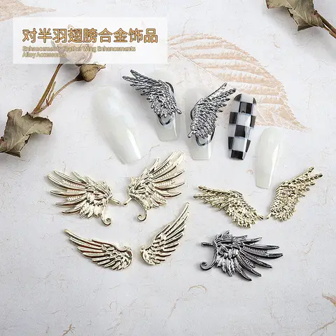 5Pairs Alloy Feather Nail Art Charms Wings Accessories Parts Large Size Nails Decoration Supplies Material Manicure Decor Tools