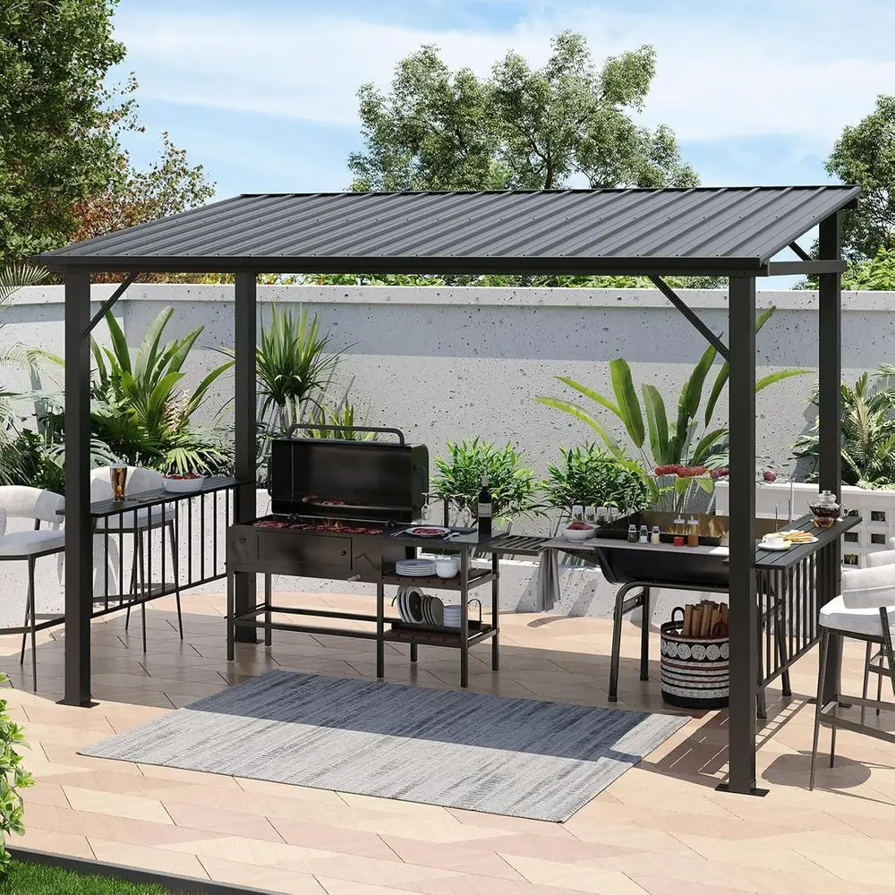 All-Weather 12x6 Hardtop Gazebo with Sloping Roof, Side Shelves, and Hooks for Outdoor BBQs and Patios