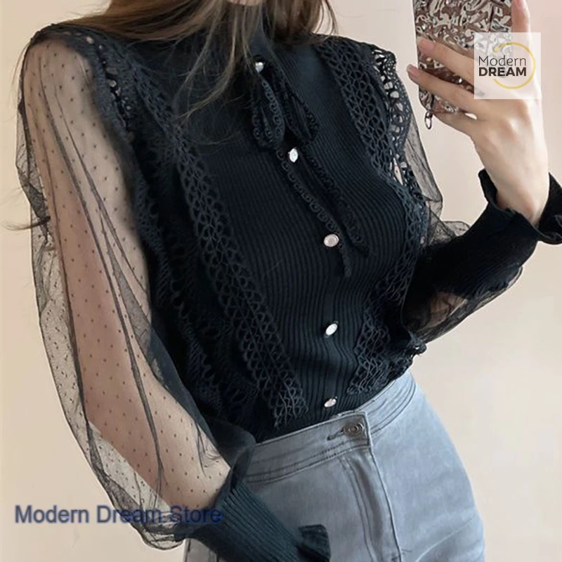 

Korean sexy semi-high-necked slim sweater splicing long-sleeved shirt women's spring and summer new fashion niche casual top