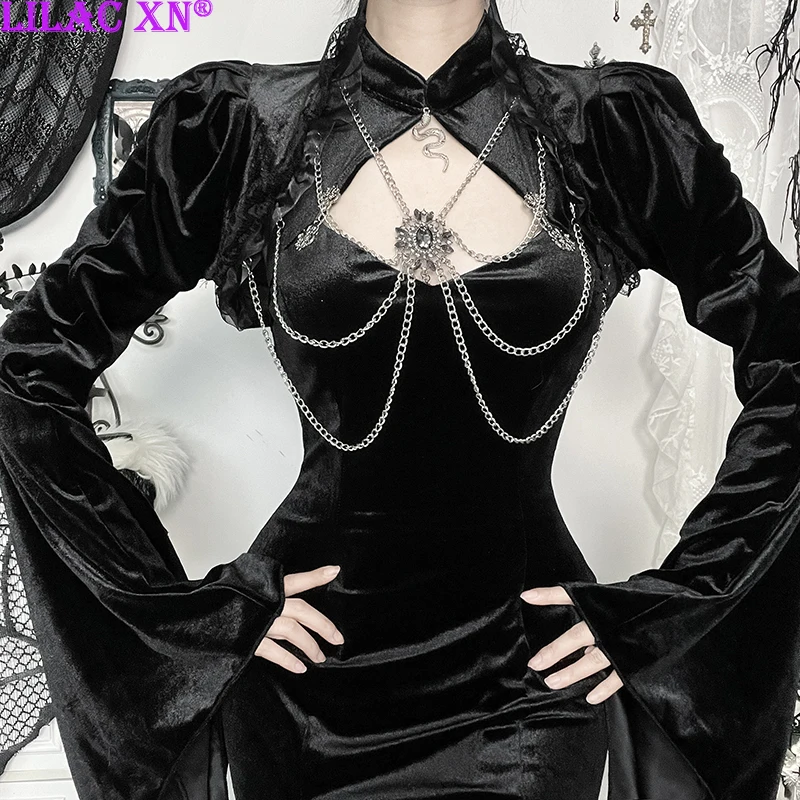 Y2K Gothic Black Velvet Chains Crystal Flared Sleeve Smock Vintage Elegant Lace Trim Women Fashion Tops Autumn Fashion Outfit