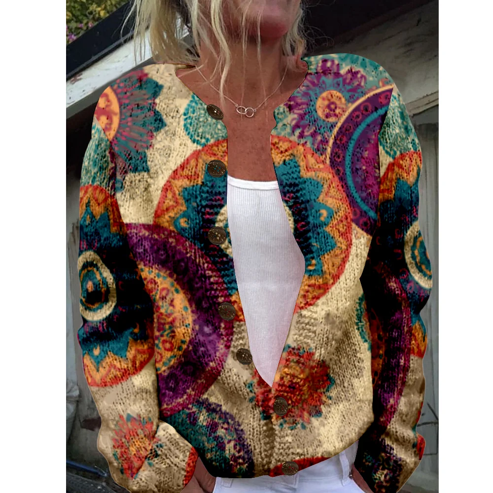 

Свитер с этнической геометрией, осенне-зимний вязаный кардиган, женские свитера, вязаный топ, повседневные крутые джемперы, модная уличная одежда
