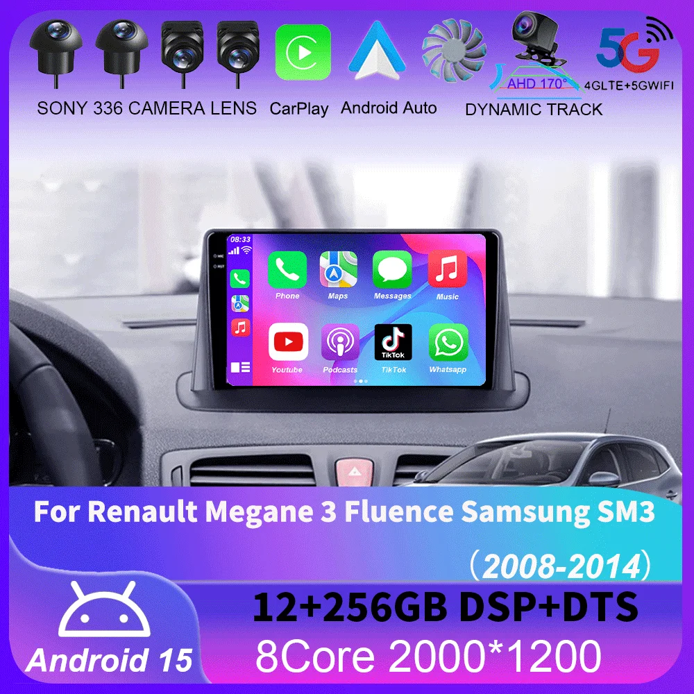 

For Renault Megane 3 Fluence Samsung SM3 2008 - 2014 9“ Android 15 Carplay Car Radio Navigation GPS Multimedia Player wifi+4G B