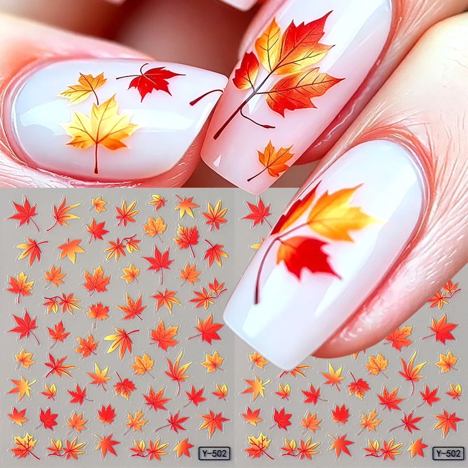 2 Stück Herbst-Ahornblatt-Nagelaufkleber, Herbstliche Orange-Rot-Gelbe Ahornblätter Nagelsticker, Thanksgiving Nagelkunst-Dekorationen, Maniküre – Detail 2