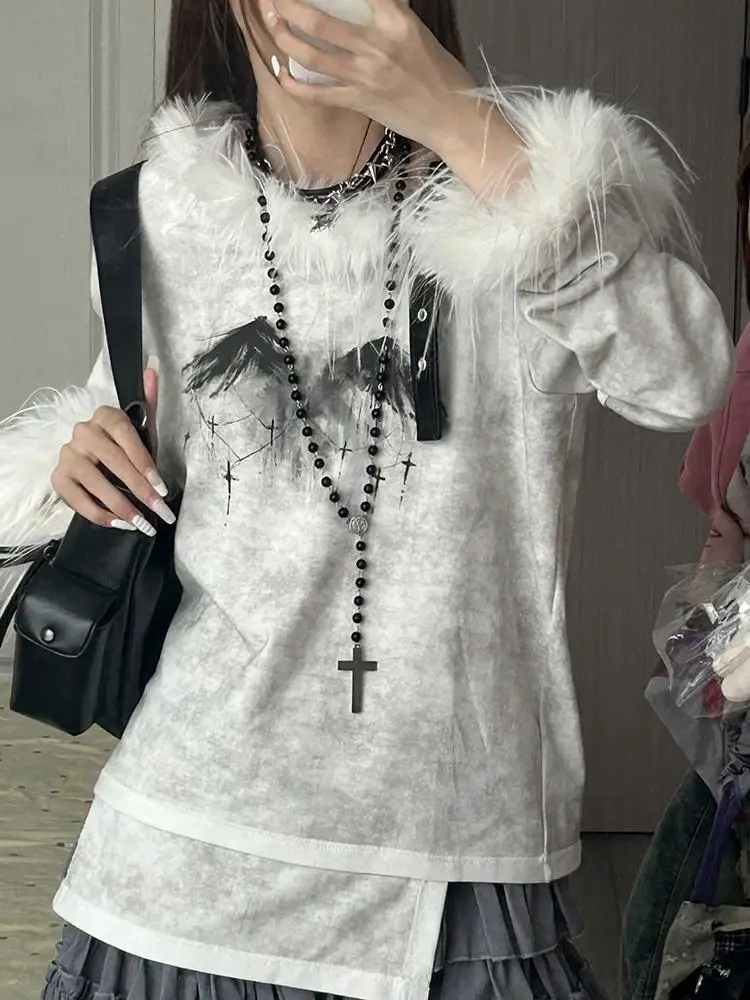 

Aesthetic Vintage Fur Fuax Patchwork Tee Shirts Harajuku Women Y2k Irregular Grunge T-shirt Streetwear Slash Neck T Shirts 2025