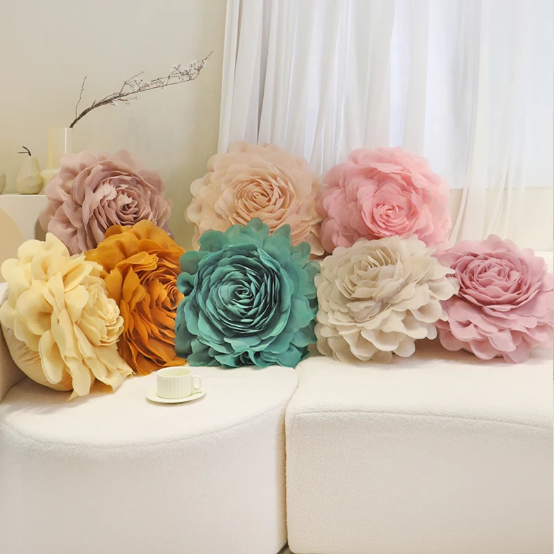 45x45cm Nordic Organza Handmade Large Flower Pillow Case for Living Room Sofa Fashion Pillowcase Round 3D Peony Flower Cushion
