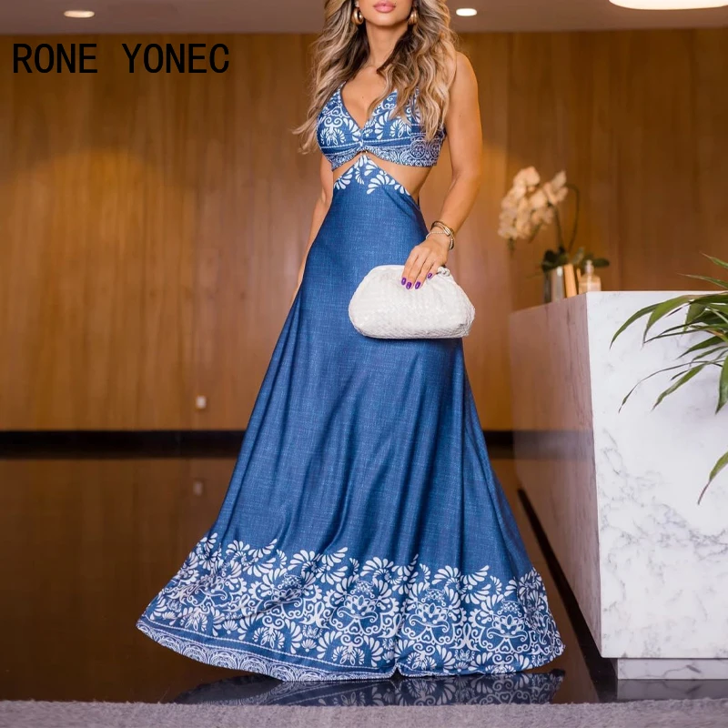 Women Elegant Sexy V Neck Spaghetti Straps Midriff  Maxi Tribal Ethos Style Sexy Dresses