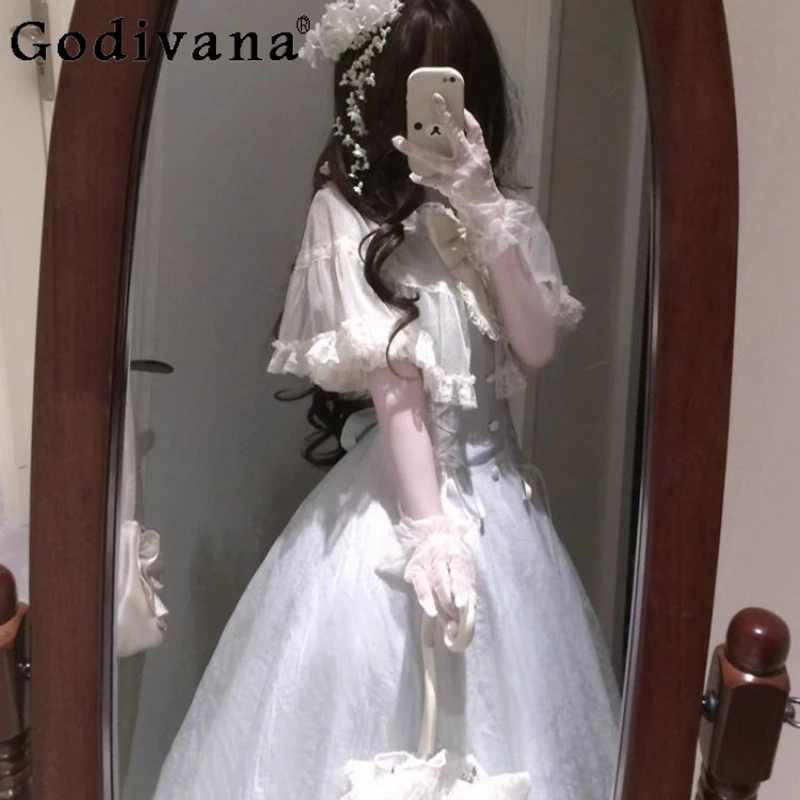 Elegante doorzichtige Lolita taille cinching jurk voor meisjes zomer ballet stijl zoete lange jurk dames prinses boog kanten jurk