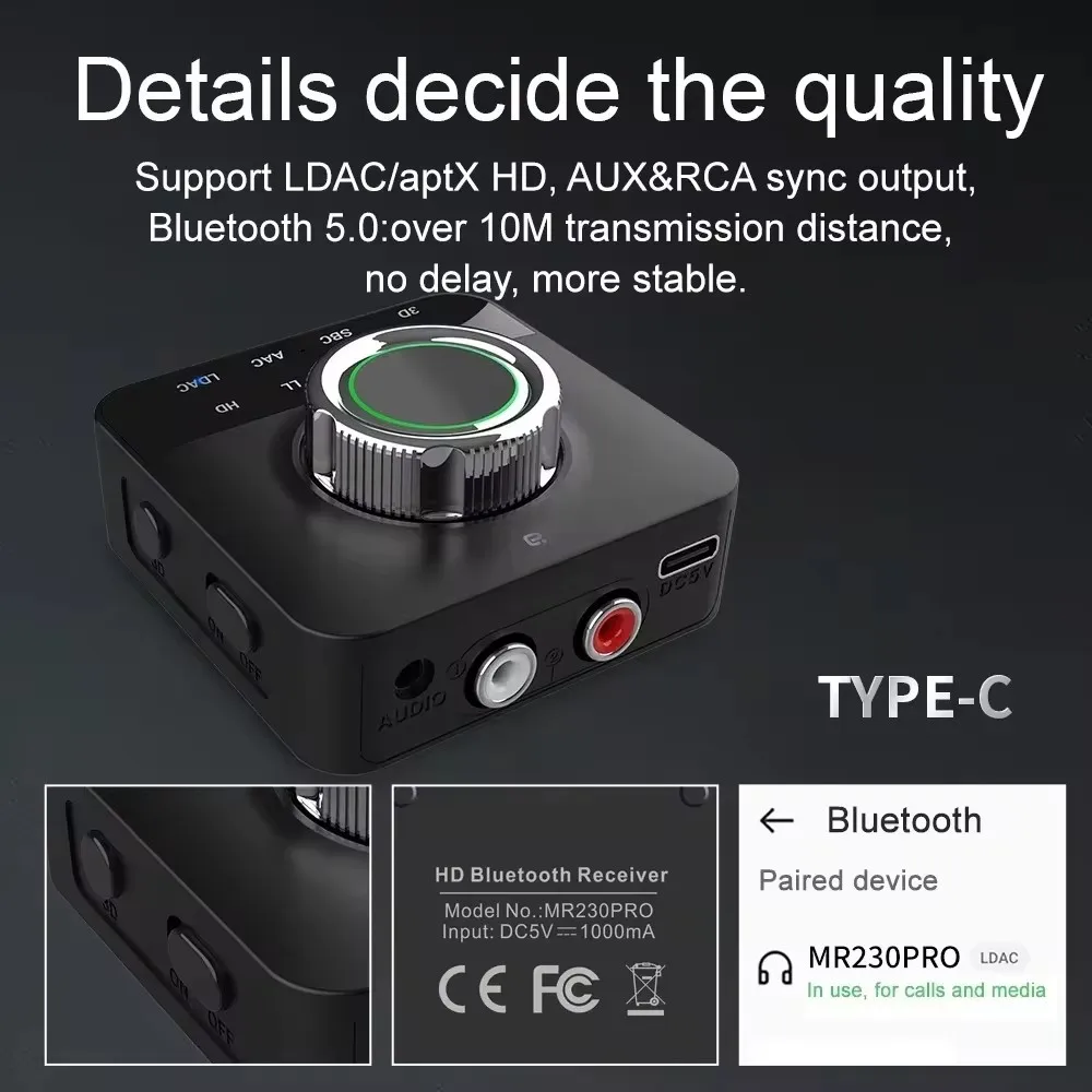 AYINO MR230 PRO LDAC Bluetooth Wireless Audio Receiver Adapter with Mic RCA Jack Aux 3D Stereo Music AptX HD for Speaker TV Car