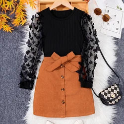 Two Piece Autumn And Winter Girl's New Cute Bubble Sleeve Knitted Round Neck Princess Daily Casual Birthday Party Clothing Set