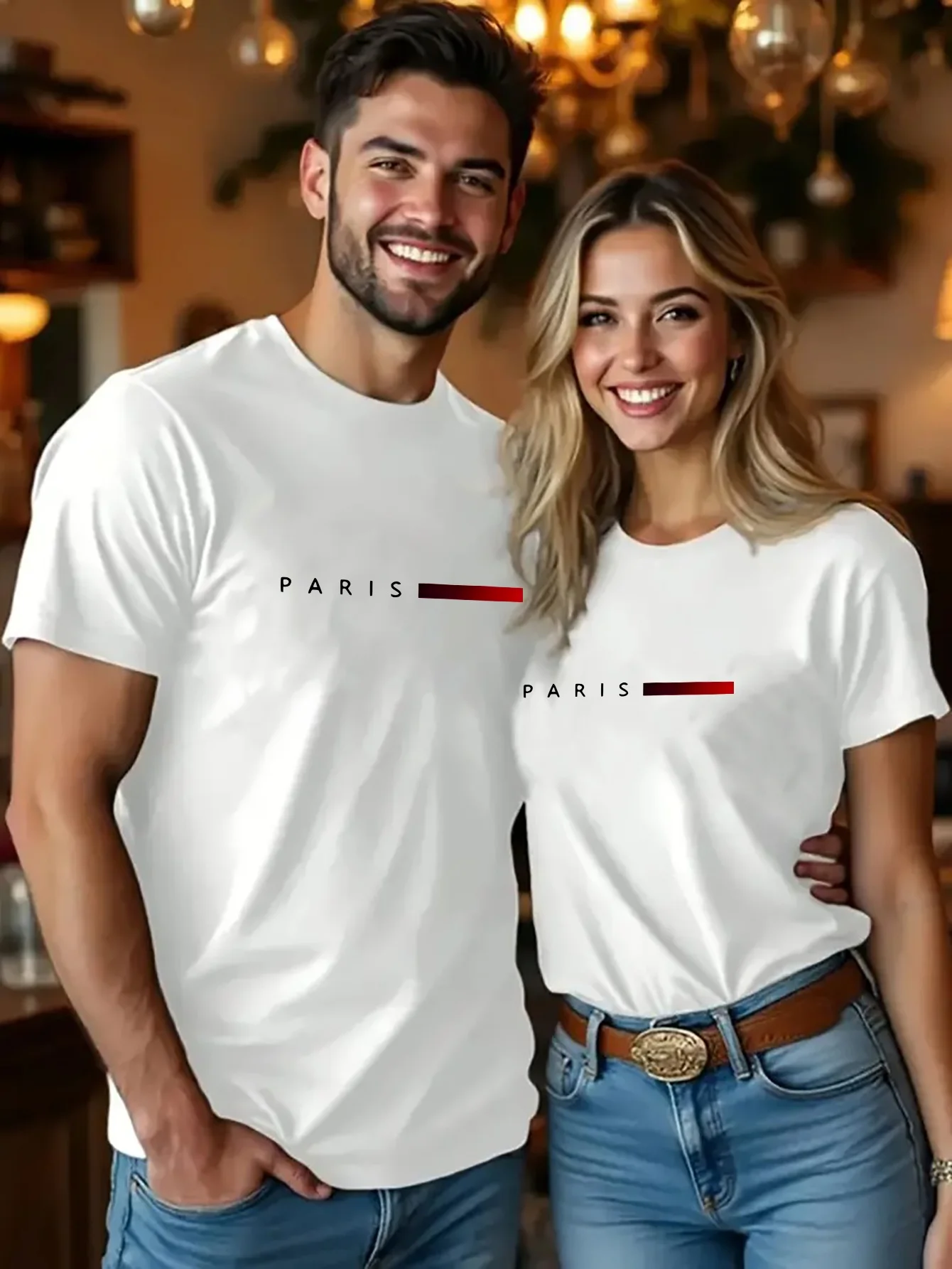 تي شيرت His Hers Matching Couple بتصميم حروف نصي باريس أنيق باللون الأبيض مع لهجات سوداء وحمراء
