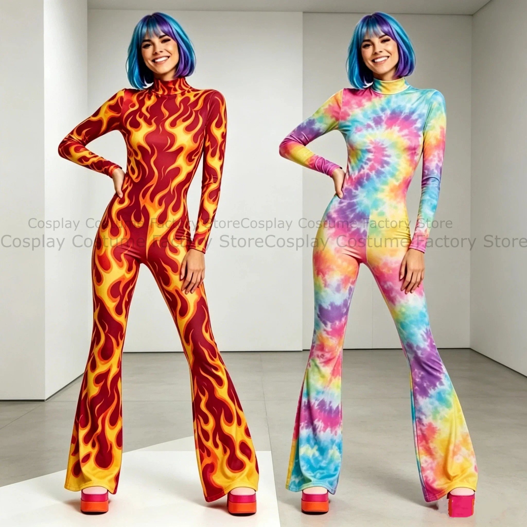 

Women Flare Bell Bottom Jumpsuit 3d Flame Tie Dye Print Cosplay Zentai Suit For Rave Festival Halloween Carnival Party Outfit