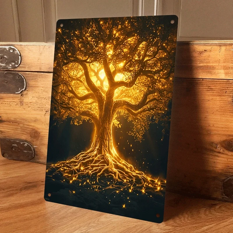 1 Stück goldene, leuchtende Lebensbaum-Metallmalerei-Plakette, geeignet für die Dekoration von Wohnzimmer, Eingangsbereich und Flur. Nordi