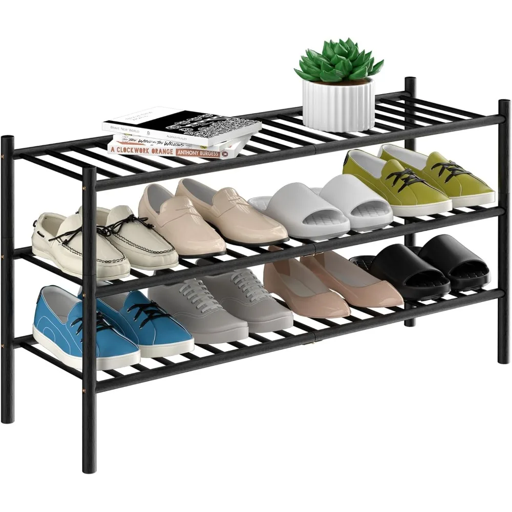 

3-Tier Bamboo Long Shoe Rack, Free Standing Wood Shoe Shelf Storage Organizer for Closet Entryway Stackable 35"x11"x20" (Black)