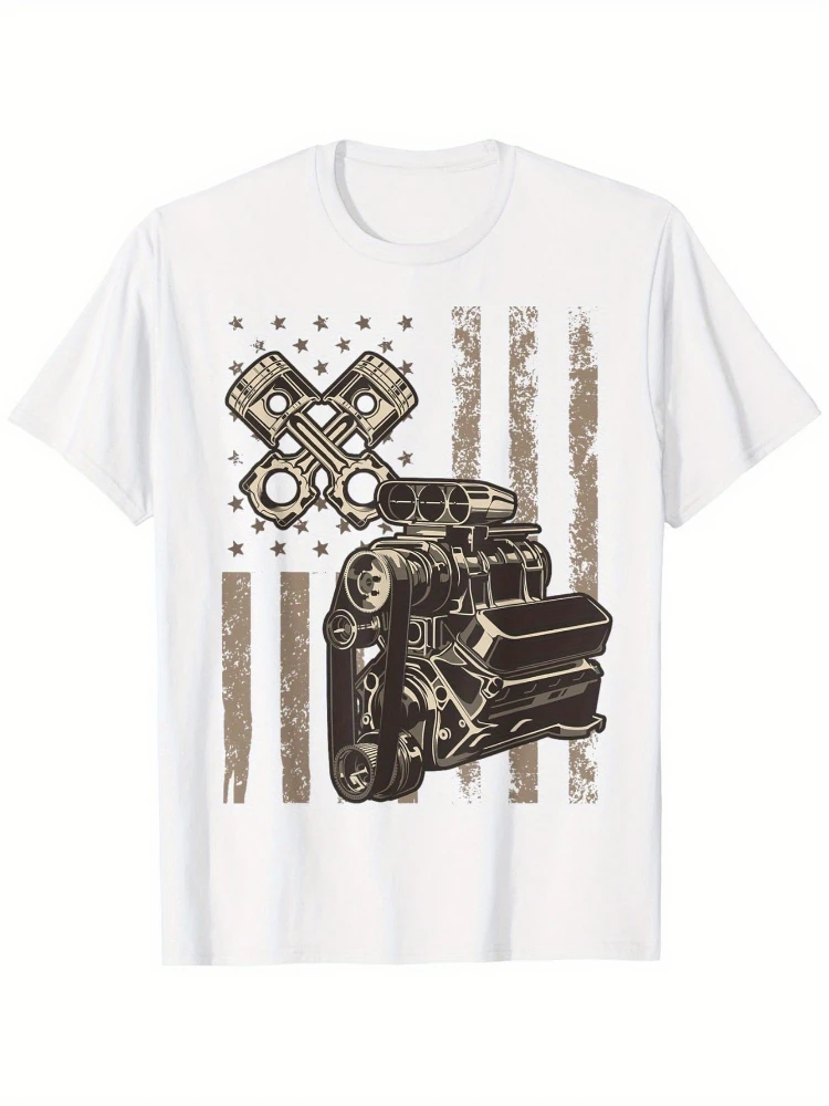 

Patriotic American Flag Muscle Car,Graphic Design with Piston& Gears-100% cotton O-neck short sleeve printed men's T-shirt.