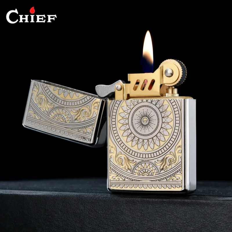 2026 New Chief Kerosiene Lighter Creative Brass Carved Personalized Mandala Ultra-Thin Windproof Gift for Men