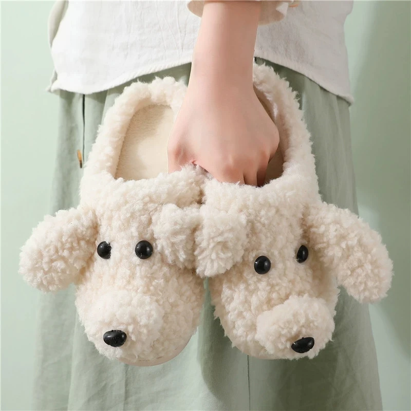 Cute Dog Plush Slippers for Women Winter 2025 Non Slip Furry Cotton Slippers Woman Light Keep Warm Cotton Indoor Shoes Mujer