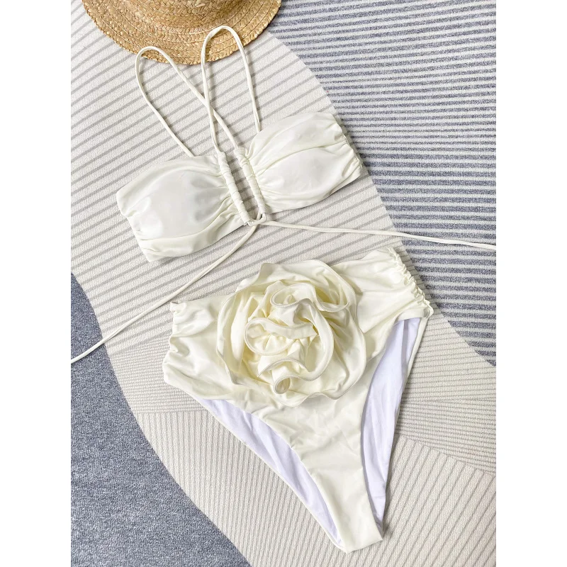 Newbikini-bikini de cintura alta para mujer, bañador Sexy de flores tridimensionales, traje de baño dividido, 2024