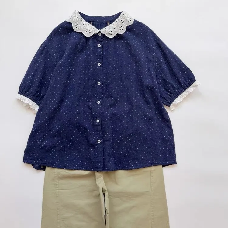 

Women Retro Dark Blue Polka Dot Cotton Lace Collar Loose Casual Short-sleeved Shirt Tops Blouse