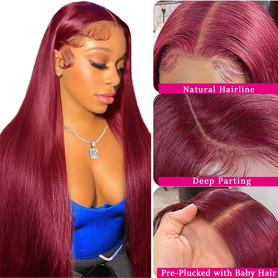 99j Burgundy Straight Lace Front Wigs Human Hair Red Colored 180% Density 13X4 HD Lace Front Human Hair Wigs 30inch