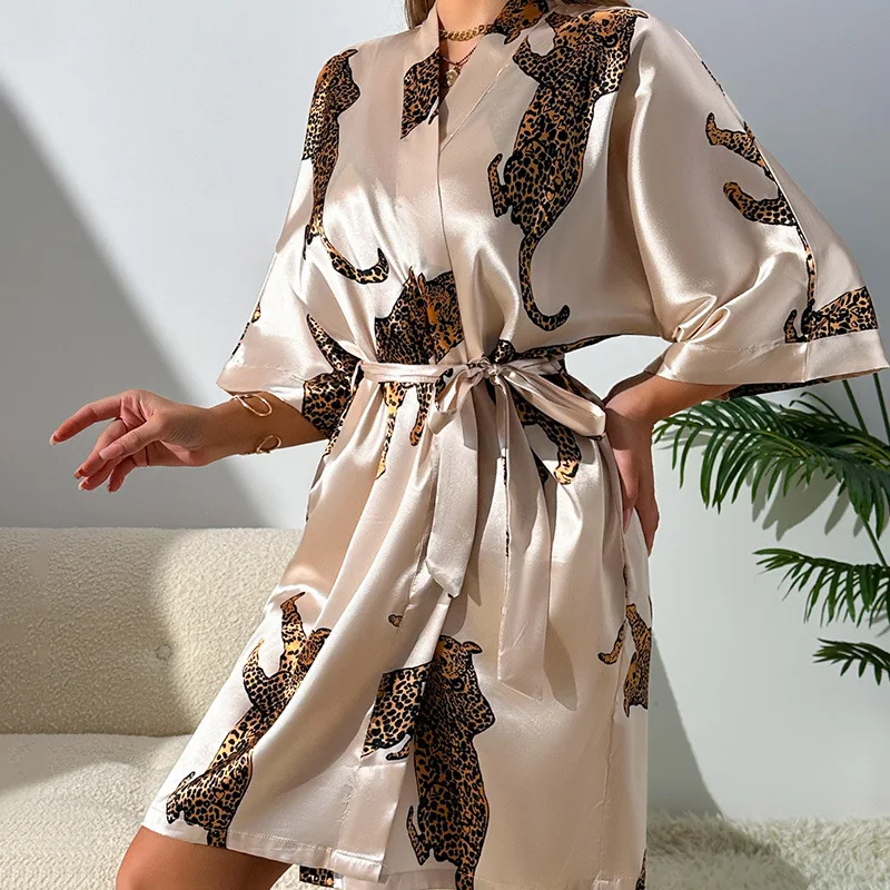 Women Imitation Silk Pajamas Robes Sleepwear Nightgowns Half Sleeve Nightdress Cartoon Print Luxury Bathrobe Smooth Soft Kimono