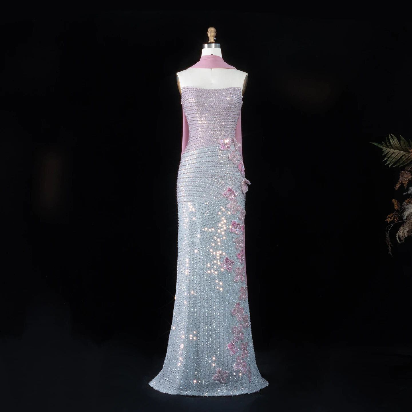 LumiGown Custom Gradient Pink Blue Strapless Mermaid Chiffon Evening Dress 3D Floral Chiffon Scarf Sparkly Rhinestone Party Gown
