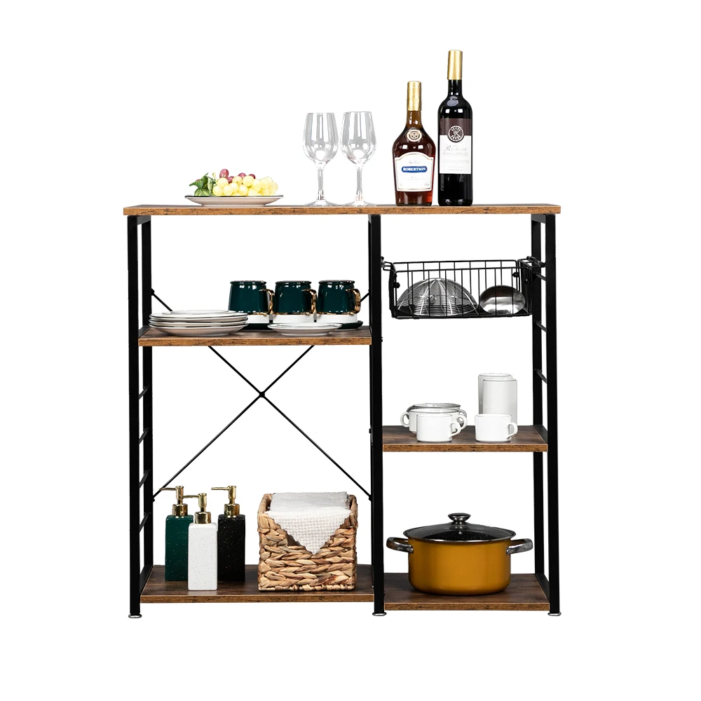 

Hodely 5-Layer MDF Industrial Wrought Iron Kitchen Shelf Kitchen Shelf Organizer With Drain Basket Hook Storage Shelf Rack