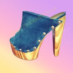 Blue Suede Peep Toe Concise Elegant Slippers Rivets Platform Chunky High Heel Fashion Sexy Women Shoes 2024 Summer Para Mujere