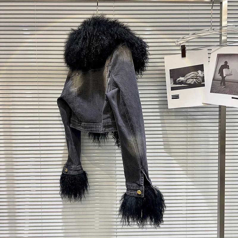 2025 invierno nuevo gran pelo de cordero líder lavado algodón interior vaquero chaqueta abrigo corto moda temperamento Chaqueta corta