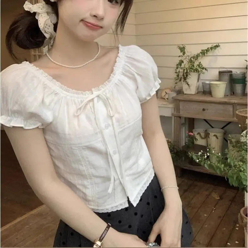 

Women's New Cute Lace Puff Sleeve Shirt Sweet Top