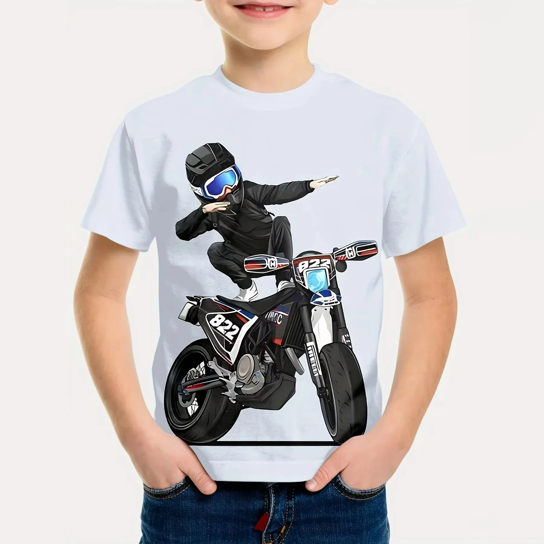 Motorradfahrer Jungen T-Shirt 3D-gedrucktes T-Shirt für Jungen 2-10 Jahre Kurzarm T-Shirt Top Baby Kind Sommer Trendy Street Kinder Top – Detail 4